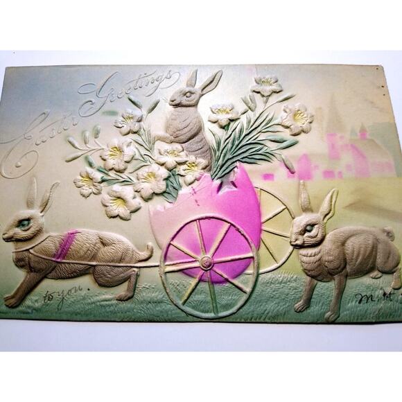Easter Postcard Raised Image Rabbits Haul Egg Cart Buggy Fantasy 1908 Airbrushed - Picture 2 of 3